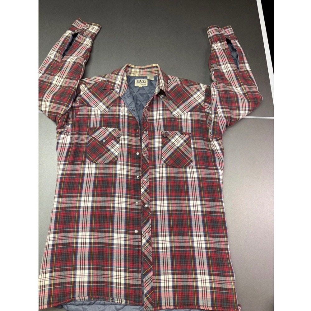 Ely Cattleman Mens Red Plaid Quilted Lined Western Snap Shirt Jacket Size M